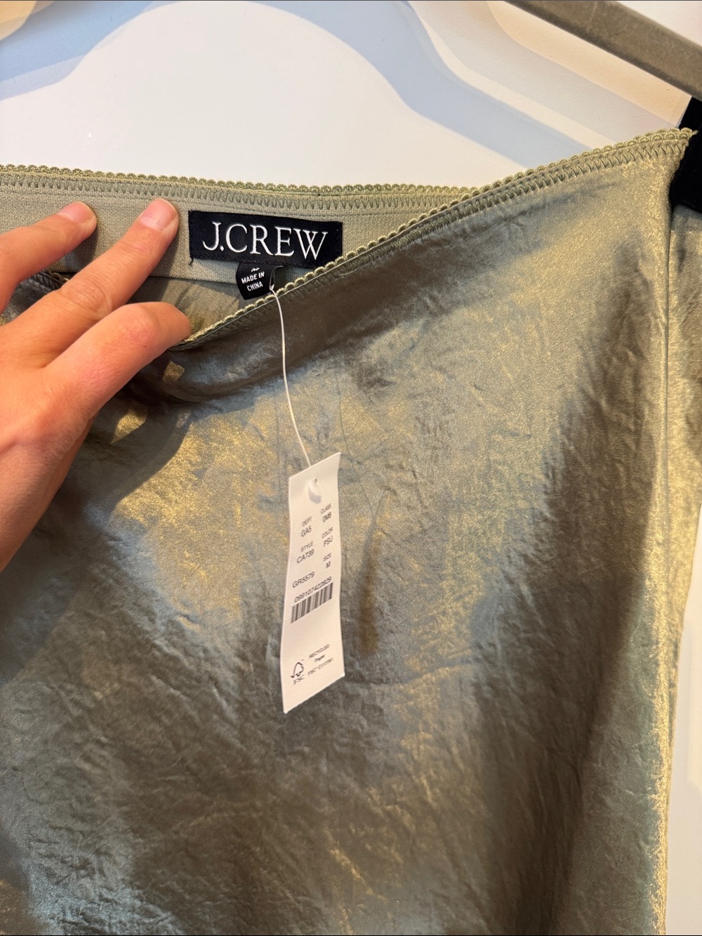 J. Crew Olive Green Satin Midi Skirt with Lace Hem - Picture 2 of 3